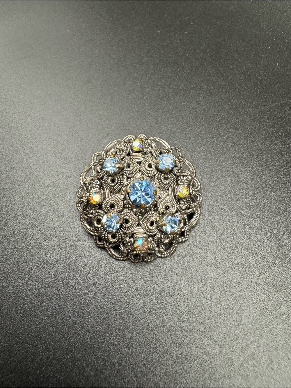 German Rhinestone Aurora Borealis Brooch Silver Tone Filigree Vintage Signed
